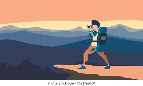 Guy with backpack, traveller and photographer standing on top of mountain and photo the landscape. Concept of discovery, exploration, hiking, adventure tourism and travel. Flat vector illustration.