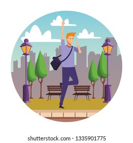 guy bagpack student cheerful park