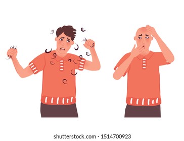 The guy with the bald head is in shock. The concept of hair on the head and baldness. The bald man is upset. Vector illustration of hair problem