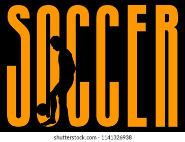 Guy with a ball against the background of the letters "soccer". Double exposure