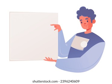 Hombre con pancarta. Concepto de publicidad, lugar de anuncio o texto, antecedentes de presentación. Carácter amigable sonriente que presenta algo en una hoja de papel en blanco. 