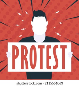Guy with a banner in his hands and text protest Pop art Cartoon style. Vector illustration