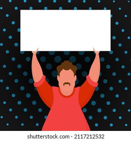 Un tipo con un cartel y un lugar para tu texto. Arte pop. Estilo plano. Ilustración del vector