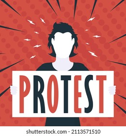 Guy with banner and protest text. Pop art. Flat style. Vector illustration