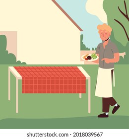 guy with barbecue at backyard cartoon