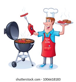 Guy Barbecuing Hamburgers and Hot Dogs