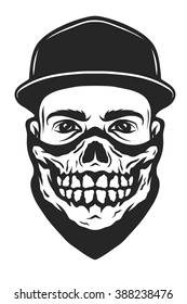 A guy in a baseball cap and a bandana with a skull pattern.