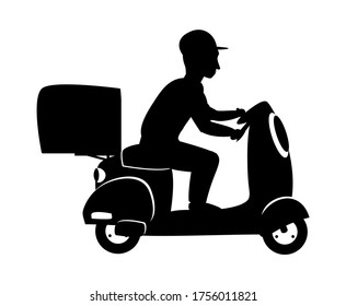 The guy in the baseball cap is delivering the package. Delivery service worker riding a scooter. Silhouette vector character with motorcycle isolated on a white background.