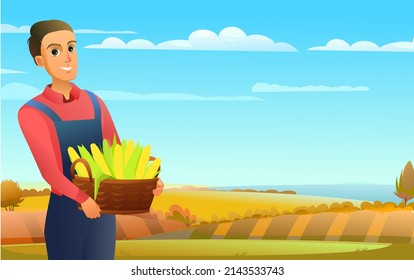 Guy with basket of corn cobs. Farmer boy standing. Harvest agricultural plant. Cheerful man. Rural autumn field landscape. Food product. Farmer farm illustration. Vegetable garden cultivation. Vector