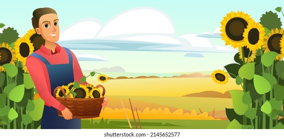 Guy with basket of sunflower flowers. Farmer boy standing. Harvest agricultural plant. Rural autumn field landscape. Food product of sunflower oil. Farmer farm illustration. Vegetable garden. Vector.