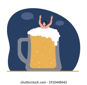 Guy bathing in glass of beer. Tiny person sinking in alcoholic beverage. Flat vector illustration. Alcohol addiction, drinking problem concept for banner, website design or landing web page