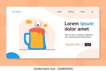 Guy bathing in glass of beer. Tiny person sinking in alcoholic beverage. Flat vector illustration. Alcohol addiction, drinking problem concept for banner, website design or landing web page