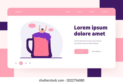 Guy bathing in glass of beer. Tiny person sinking in alcoholic beverage. Flat vector illustration. Alcohol addiction, drinking problem concept for banner, website design or landing web page