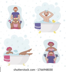 the guy in the bathroom, the woman in the bathroom, the guy dyes the hair to the girl, the girl cuts the guy's hai