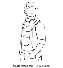 A guy with a beard in a baseball cap and overalls. Worker. Vector illustration.