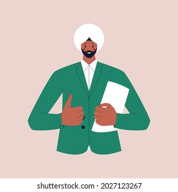A guy with a beard in a turban in a business suit holds a folder with documents and shows a thumbs up. Colorful flat vector illustration on isolated background. Eps 10.