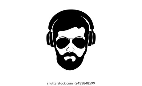guy with a beard wearing headphones, black isolated silhouette