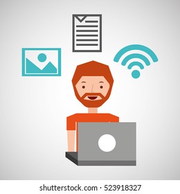 guy bearded using laptop picture wifi vector illustration eps 10