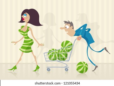 The guy became confused between the watermelons and woman in supermarket. Transparency are used in shadows.