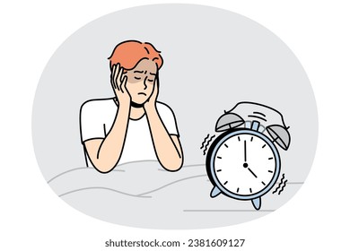 Guy in bed closes ears not to hear sounds in morning. Alarm clock is ringing. Getting up early for work, education. Sleeping man does not want to wake up. Vector linear colored isolated illustration.