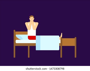 Guy in bed is nightmare. Man is afraid at night
 
