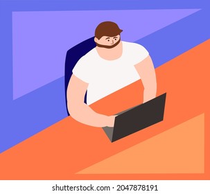 Der Typ hinter einem Laptop-Schreibtisch,
2D Vektorgrafik, einfache Web-Art Stilisierung.
Funky flacher Stil.