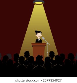 Guy behind a public speaking podium in the spotlight in front of an audience, fear of public speaking, flat style