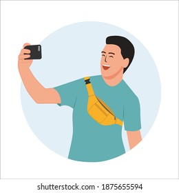 The Guy In The Belt Bag Takes A Selfie. Yellow Fanny Pack.Cheerful Teenager Laughs. Vector Illustration