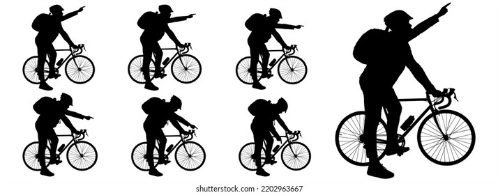 A guy in a bicycle helmet, with a backpack behind his back, holds on to the handlebars of his bike with one hand, and with the other, he points in different directions, looks around. Male silhouettes