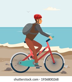 Guy In Bicycle Helmet On Bike. Male Character With Tourist Backpack Rides On Beach In Autumn