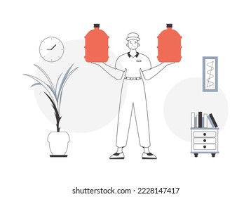 A guy with a big bottle of water in his hands. Water delivery concept. Linear modern style.