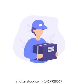 Guy with the big box parcel. Fast and free delivery. Vector cartoon illustration. Delivery for banner and website. Flat vector illustration.