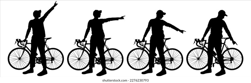 The guy with the bike. A group of cyclists. The young man shows his hands in different directions. Route search. Side view, profile. Four silhouettes in black color isolated on white background