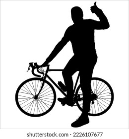 The guy with the bike. The man stands near the bike, one foot is on the pedal, the other foot is on the ground, shows a hand gesture "like, everything is fine", second hand is on the steering wheel