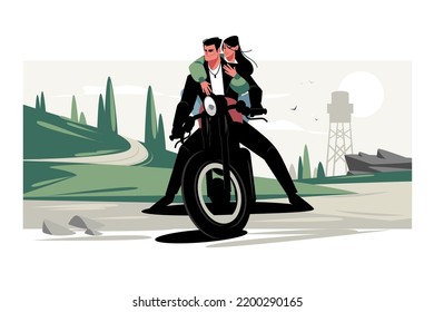 Guy biker with girlfriend sitting on bike vector illustration. Couple on motorcycle flat style design. Extreme sport and freedom lifestyle concept