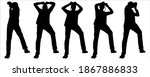 Guy with the binoculars in his hands. Man is staring at the sides through binoculars. Group of tourists are looking at the area. Hiking. Five black male silhouettes are isolated on a white background.