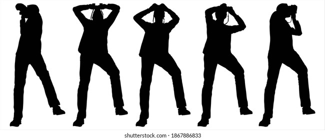 Guy with the binoculars in his hands. Man is staring at the sides through binoculars. Group of tourists are looking at the area. Hiking. Five black male silhouettes are isolated on a white background.