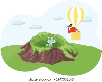 Guy With Binoculars In Hot Air Balloon Flies Near Mountain With Lake. Jeju Island In South Korea