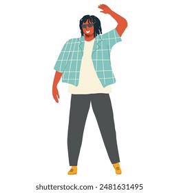 Guy, black man greeting, waving, having fun. Hand drawn vector illustration.
