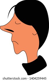 A guy in a black shirt with a long pointy nose and black hair, vector, color drawing or illustration. 