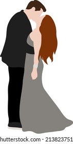 A guy in a black suit hugs and kisses a girl in a gray long dress