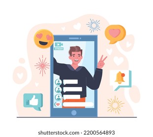 Guy blogger concept. Man on smartphone screen, popular personality and famous character. Social networks and interesting content for website. Creative selfie. Cartoon flat vector illustration