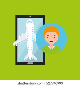 guy blond hand holds mobile application travel airport vector illustration eps 10