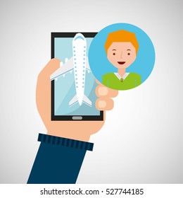guy blond hand holds mobile application travel airport vector illustration eps 10