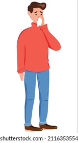 El tipo está sonando la nariz. Nieve. Enfermedad. El hombre tiene un pañuelo. Suéter y vaqueros. Estilo plano. Ilustración de material vectorial. Fondo blanco. Aislado
