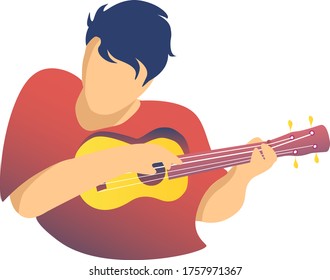 The guy with blue hair in the yellow headphones is dancing. A man enjoys his favorite music. Against the background of a blot and notes. The concept of listening to the best music.