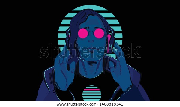 ピンクの背景に青い肌 縞模様のネオンサークルの向こうに丸い眼鏡をかけた男性が ステレオヘッドホンで音楽を聴いています 黒い背景にsfレトロ波80のイラスト のベクター画像素材 ロイヤリティフリー