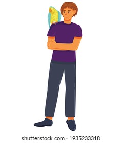 guy with a blue and yellow parrot on his shoulder. happy pet owners. pet Shop. exotic pets. Ara ararauna. vector flat. isolated