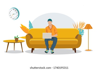 The guy with the book is sitting on the couch. Freelance or study concept. Cute illustration in flat style. Distance learning at home