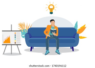 Der Mann mit dem Buch sitzt auf dem Sofa. Freelance- oder Studienkonzept. Cute Illustration in flachem Stil. Fernunterricht zu Hause
